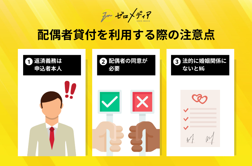 配偶者貸付を利用する際の注意点。返済義務は申込者本人、配偶者の同意が必要、法的に婚姻関係にないと利用不可。