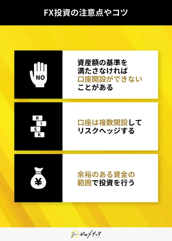 FX投資の注意点とコツを図解。資産額によって口座開設が制限される場合がある。口座を複数開設してリスク分散する、余裕資金の範囲で投資を行うことが重要。
