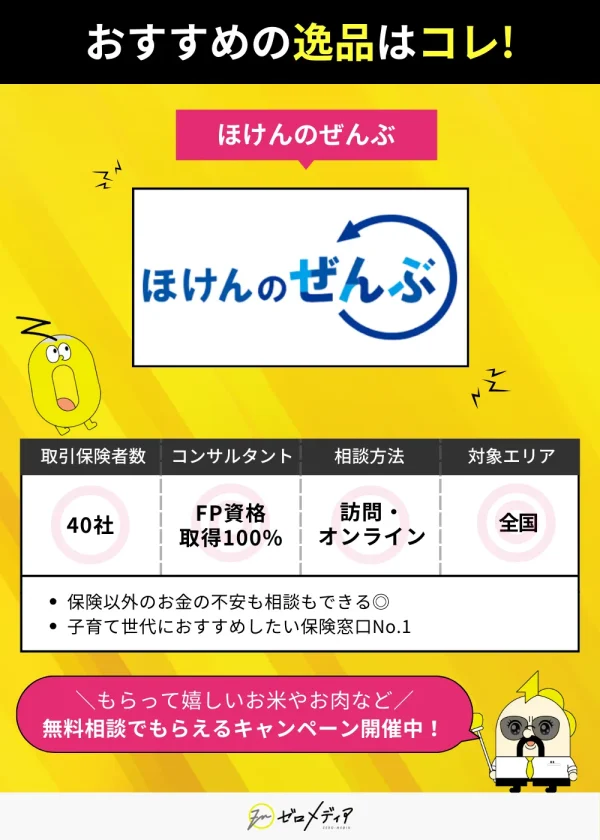 「ほけんのぜんぶ」はFP資格取得100%のコンサルタントが在籍し、訪問・オンラインの両方に対応。対象エリアは全国。取引保険者数40社。保険以外の不安も相談可能。