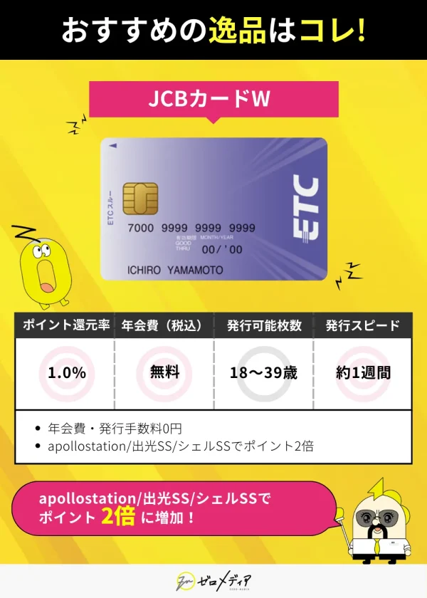 ETCカードおすすめはJCBカードW 年会費無料 発行対象18~39歳 ポイント還元率1.0% 出光SSやシェルSSでポイント2倍