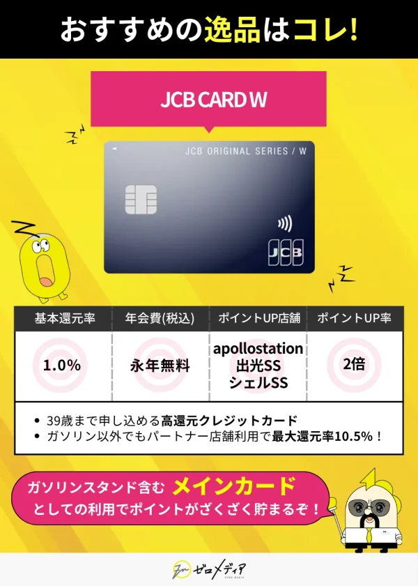 JCB CARD Wは年会費無料、還元率1.0%、apollostation・出光SS・シェルSSでポイント2倍。最大還元率は10.5%。ガソリンスタンド利用に適したメインカード。