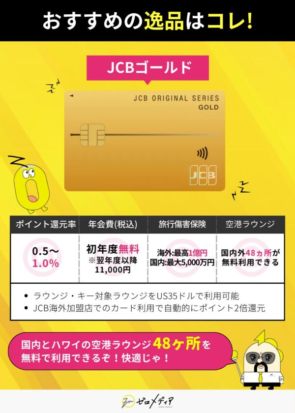 「おすすめの逸品」としてJCBゴールドを紹介。年会費初年度無料で、国内外48か所の空港ラウンジが無料で使える。さらにラウンジ・キー対応ラウンジも35ドルで利用可能。