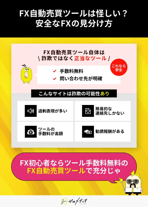 「FX自動売買ツールは怪しい？安全なFXの見分け方」― 手数料無料で問い合わせ先が明確なツールは安全。一方で「過剰表現が多い」「連絡先が曖昧」などの特徴があるサイトは詐欺の可能性があると警告。