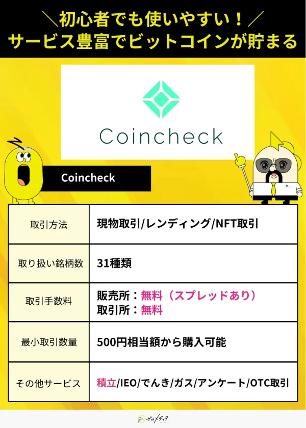 コインチェックの仮想通貨取引サービス一覧。現物取引、レンディング、NFT取引に対応。取扱銘柄は31種類。販売所手数料は無料（スプレッドあり）、取引所手数料も無料。
