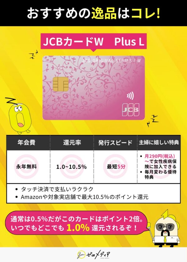 JCBカードW Plus Lの特徴まとめ。年会費無料でポイント最大10.5%、女性疾病保険や毎月変わる優待特典付き。主婦に人気の逸品。