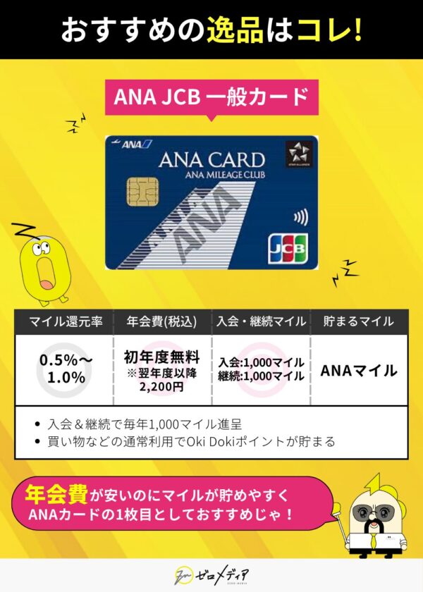 ANA JCB一般カードの特長を解説。マイル還元率は0.5〜1.0％、年会費は初年度無料。ANAマイルが貯まりやすく、Oki Dokiポイントとの連携も可能。