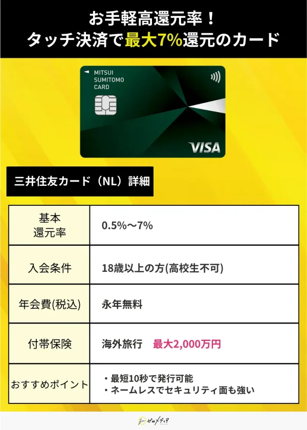 審査が不安な方にもおすすめ 三井住友カードNL タッチ決済で最大7%還元 年会費永年無料 発行最短10秒 セキュリティも安心