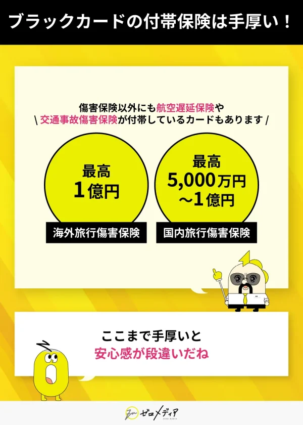 ブラックカードの付帯保険内容を紹介。海外旅行傷害保険は最高1億円、国内は最高1億円または5,000万円で安心感が高い。