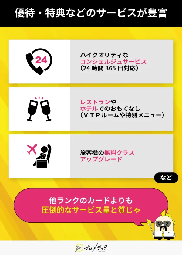 ブラックカードの優待サービス例。24時間対応のコンシェルジュ、ホテルでの特別待遇、航空機の無料アップグレードなどを紹介。